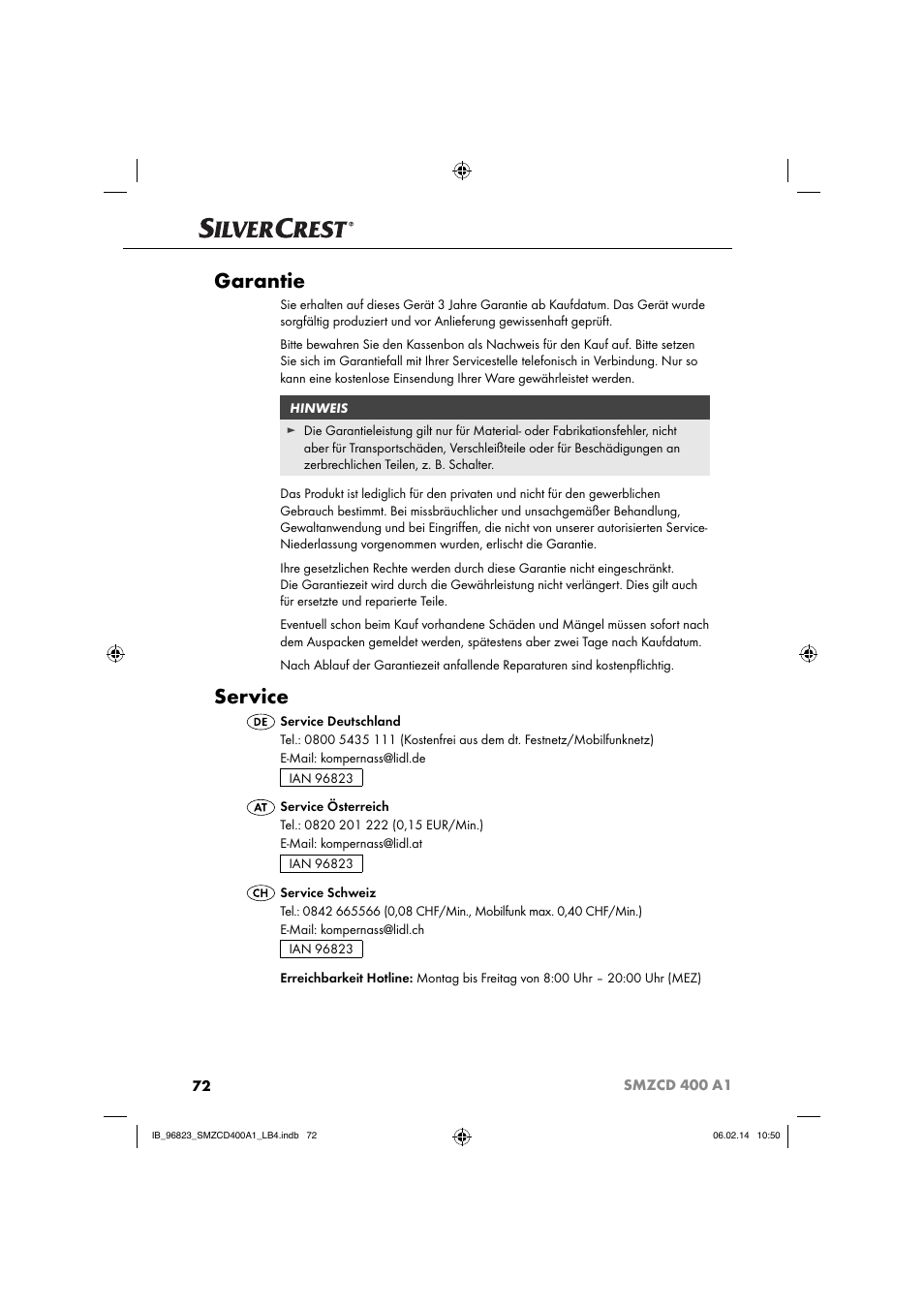Garantie, Service | Silvercrest SMZCD 400 A1 User Manual | Page 75 / 76