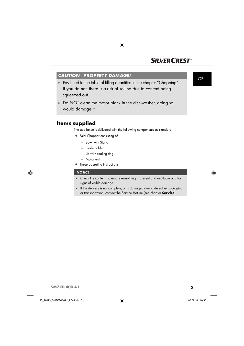 Items supplied, Caution - property damage | Silvercrest SMZCD 400 A1 User Manual | Page 8 / 76