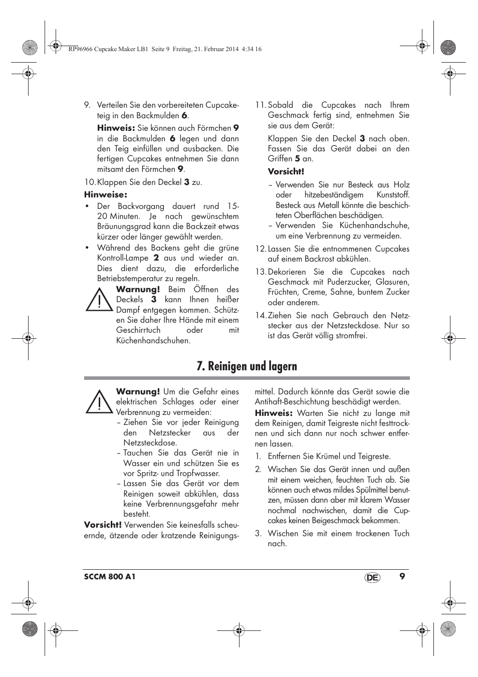 Reinigen und lagern | Silvercrest SCCM 800 A1 User Manual | Page 11 / 78