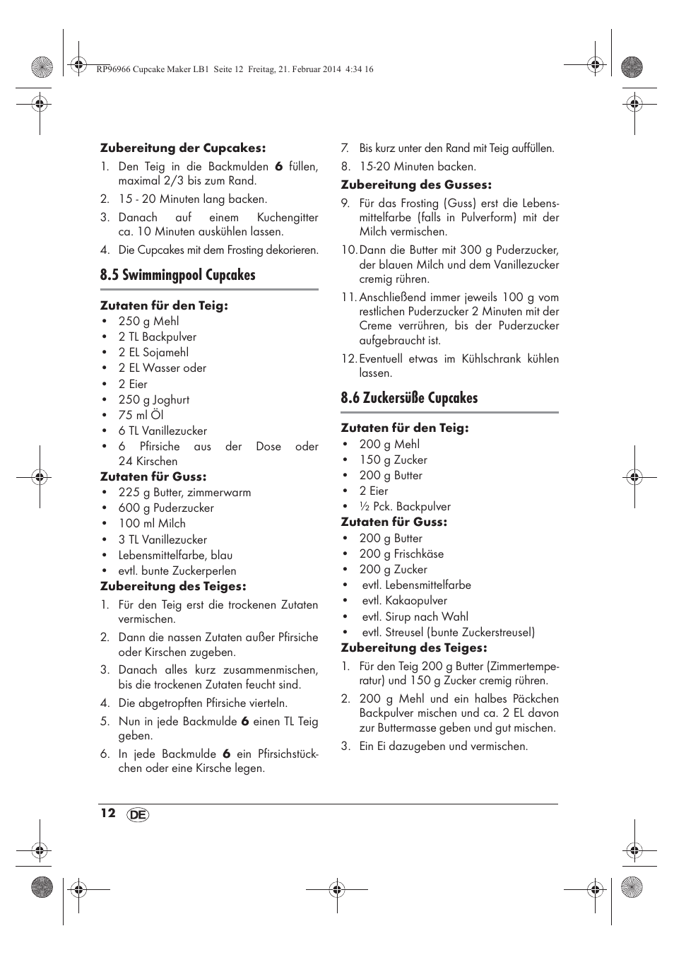 5 swimmingpool cupcakes, 6 zuckersüße cupcakes | Silvercrest SCCM 800 A1 User Manual | Page 14 / 78