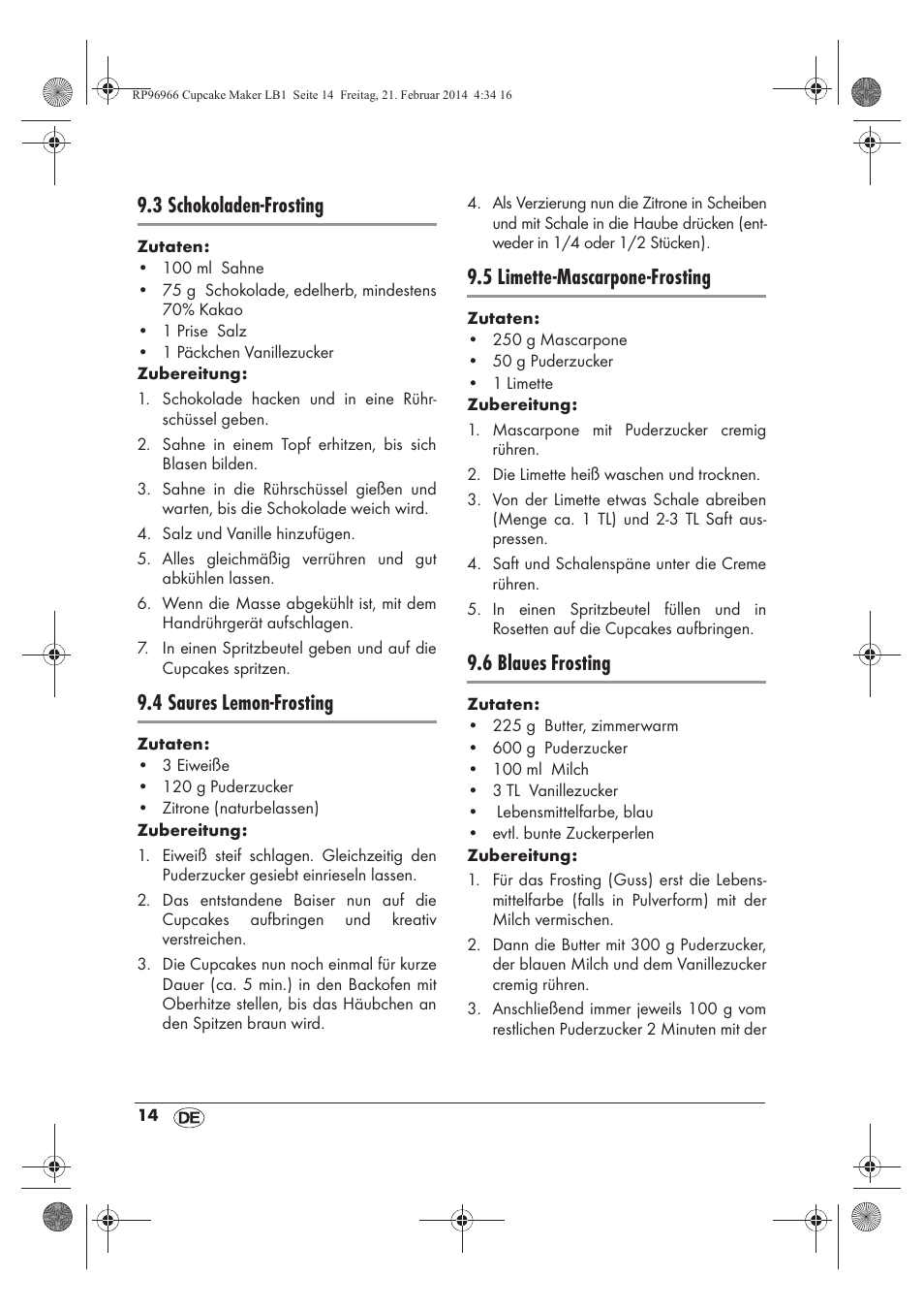 3 schokoladen-frosting, 4 saures lemon-frosting, 5 limette-mascarpone-frosting | 6 blaues frosting | Silvercrest SCCM 800 A1 User Manual | Page 16 / 78