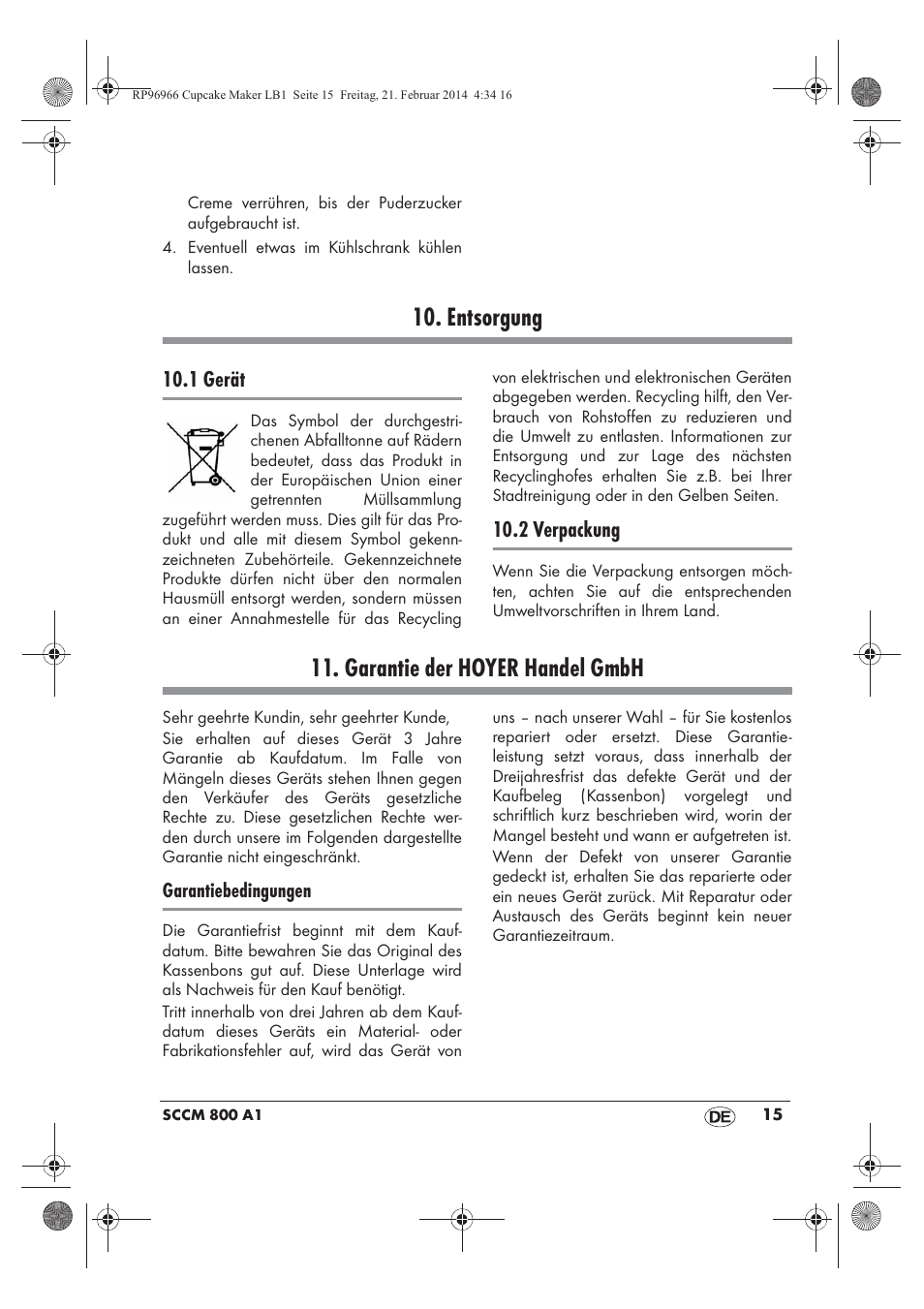 Entsorgung, Garantie der hoyer handel gmbh, 1 gerät | 2 verpackung | Silvercrest SCCM 800 A1 User Manual | Page 17 / 78
