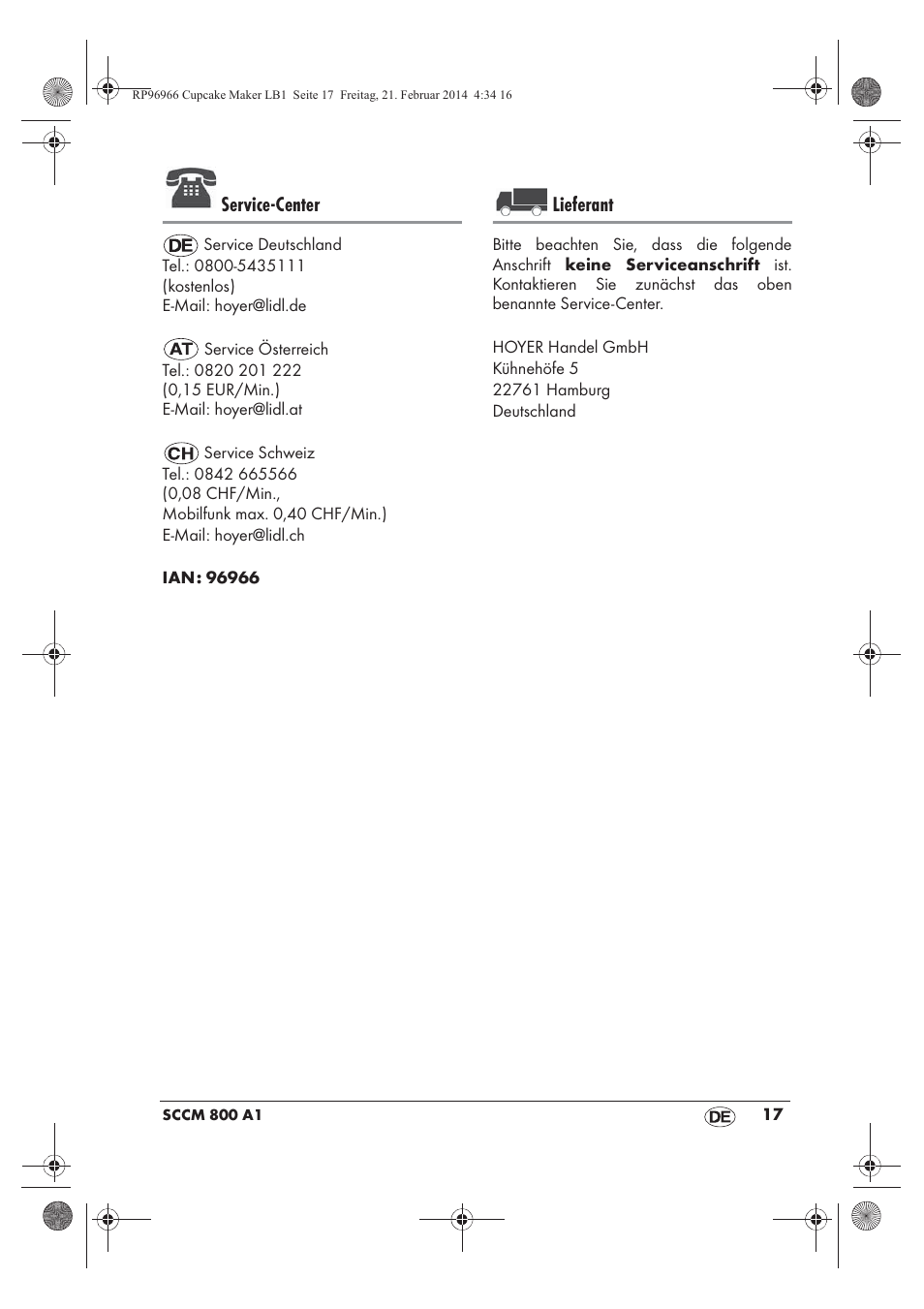 Service-center, Lieferant | Silvercrest SCCM 800 A1 User Manual | Page 19 / 78