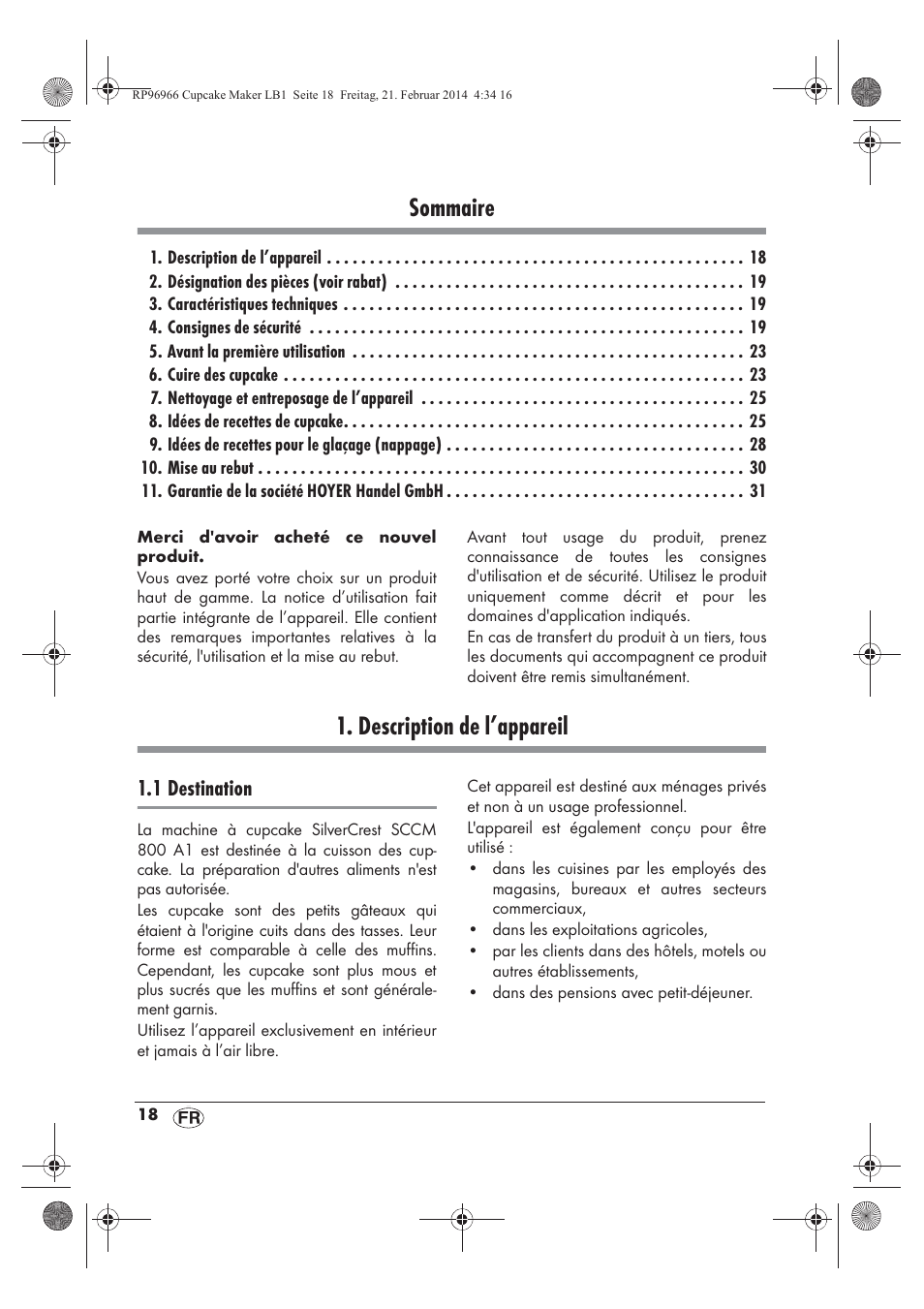 Sommaire, Description de l’appareil | Silvercrest SCCM 800 A1 User Manual | Page 20 / 78