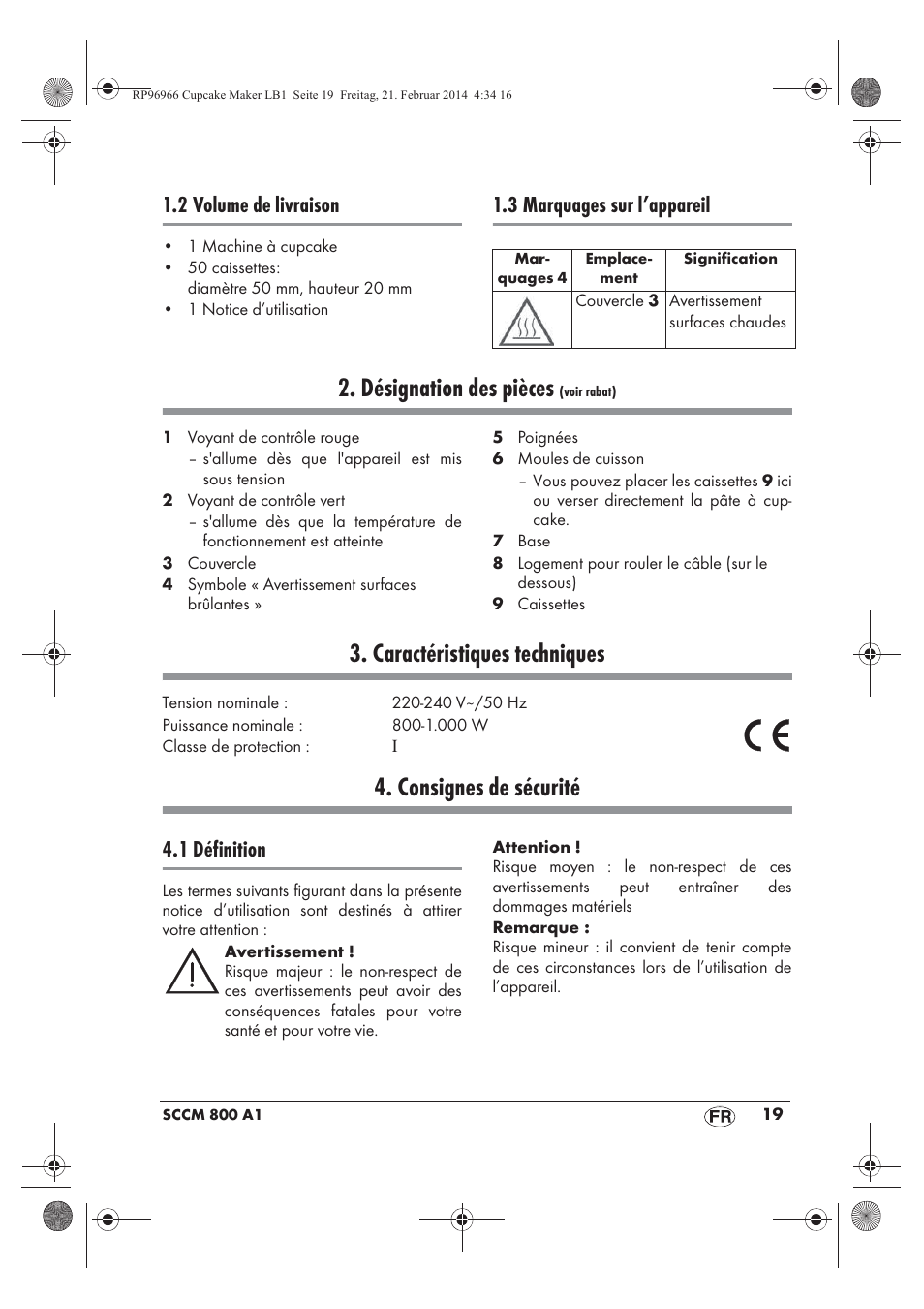 Désignation des pièces, Caractéristiques techniques, Consignes de sécurité | 2 volume de livraison, 3 marquages sur l’appareil, 1 définition | Silvercrest SCCM 800 A1 User Manual | Page 21 / 78