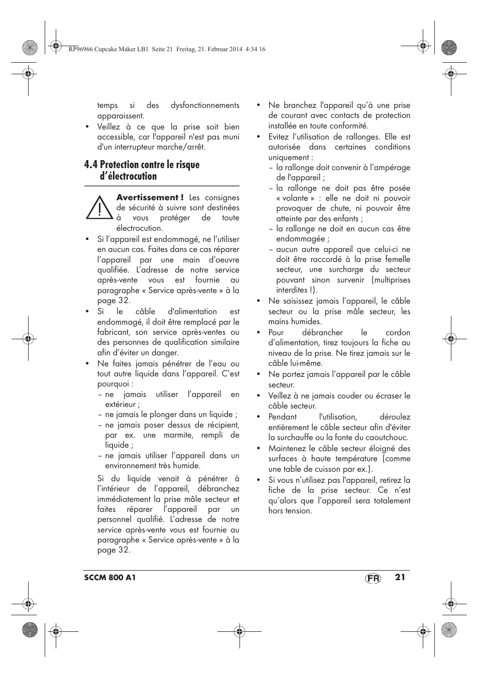 4 protection contre le risque d’électrocution | Silvercrest SCCM 800 A1 User Manual | Page 23 / 78