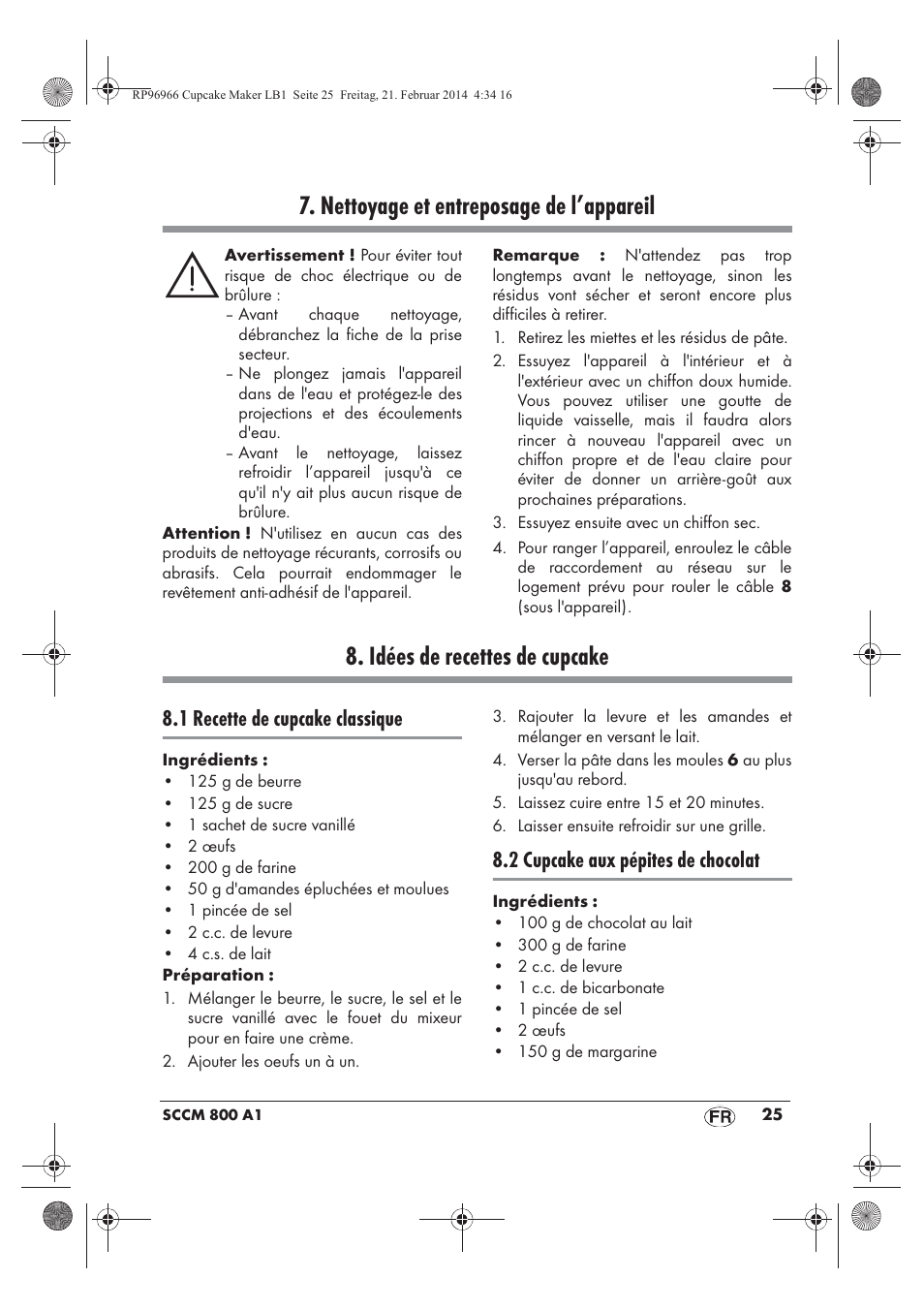 Nettoyage et entreposage de l’appareil, Idées de recettes de cupcake, 1 recette de cupcake classique | 2 cupcake aux pépites de chocolat | Silvercrest SCCM 800 A1 User Manual | Page 27 / 78