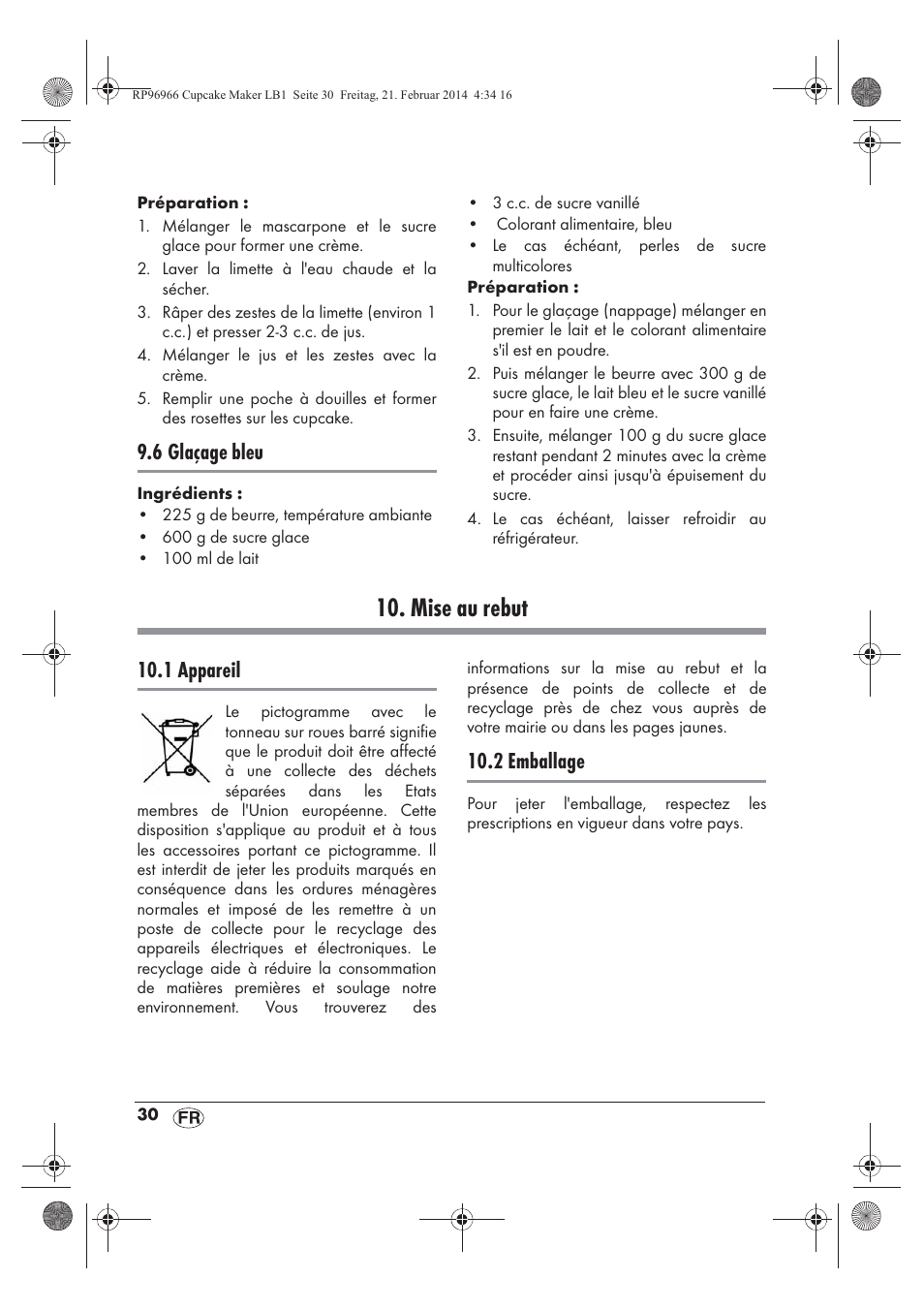 Mise au rebut, 6 glaçage bleu, 1 appareil | 2 emballage | Silvercrest SCCM 800 A1 User Manual | Page 32 / 78