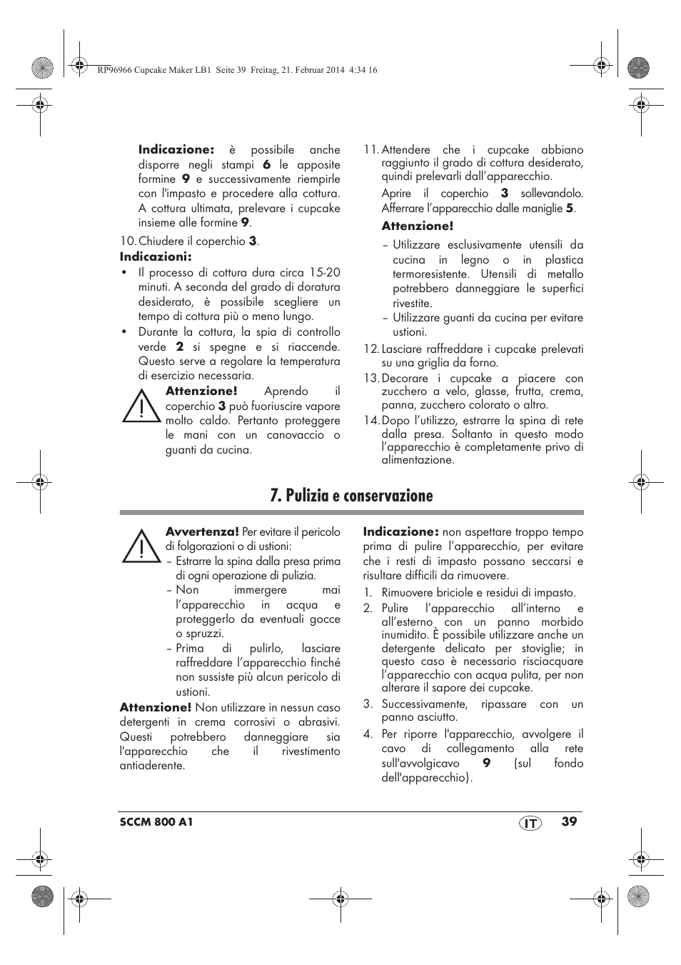 Pulizia e conservazione | Silvercrest SCCM 800 A1 User Manual | Page 41 / 78