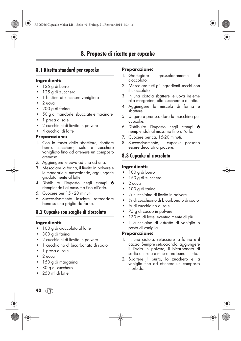 Proposte di ricette per cupcake, 1 ricetta standard per cupcake, 2 cupcake con scaglie di cioccolato | 3 cupcake al cioccolato | Silvercrest SCCM 800 A1 User Manual | Page 42 / 78