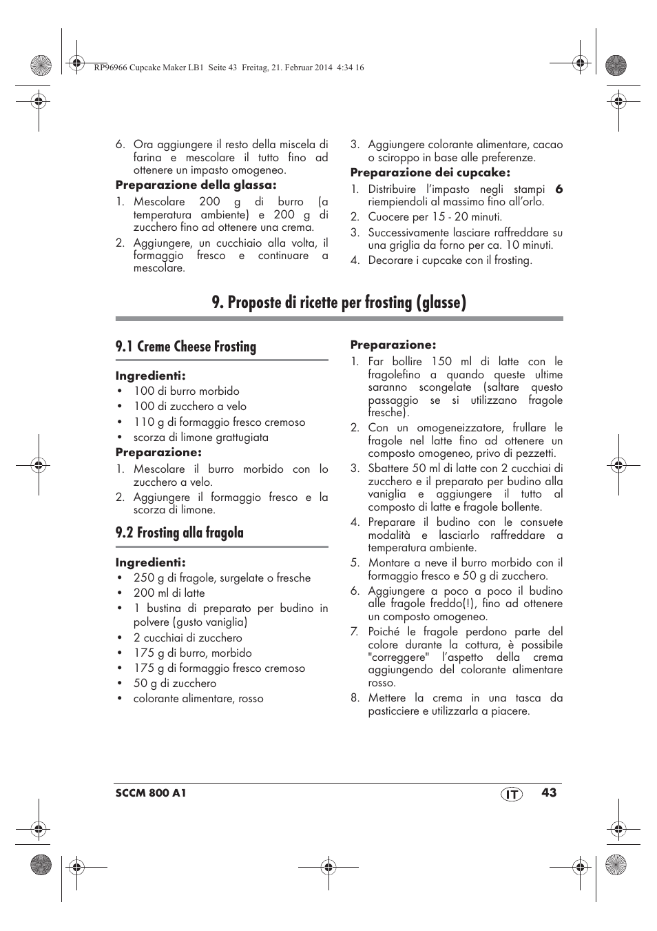 Proposte di ricette per frosting (glasse), 1 creme cheese frosting, 2 frosting alla fragola | Silvercrest SCCM 800 A1 User Manual | Page 45 / 78