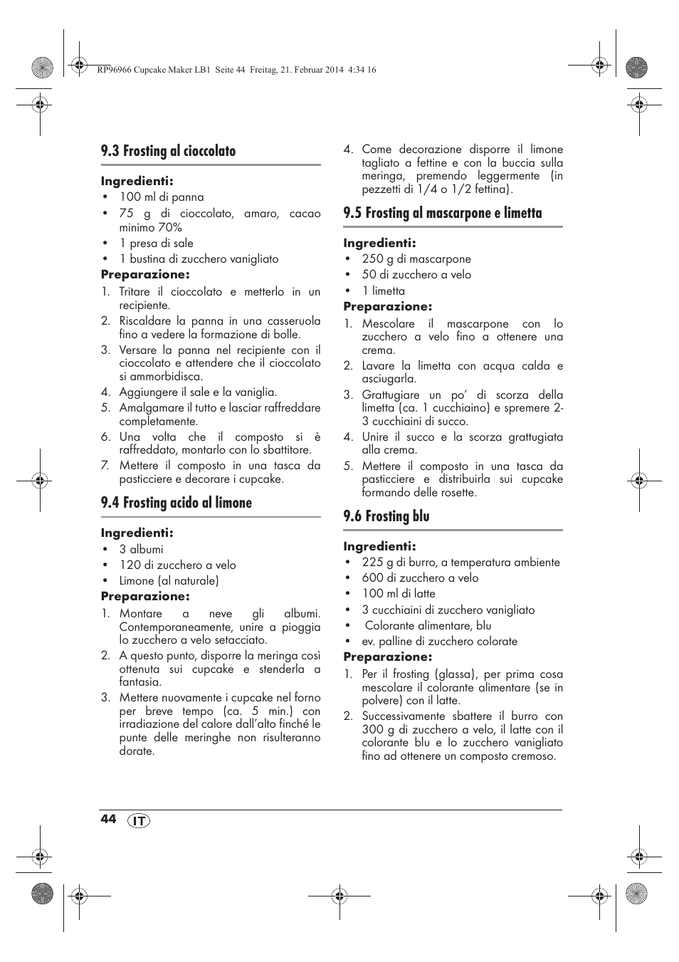 3 frosting al cioccolato, 4 frosting acido al limone, 5 frosting al mascarpone e limetta | 6 frosting blu | Silvercrest SCCM 800 A1 User Manual | Page 46 / 78