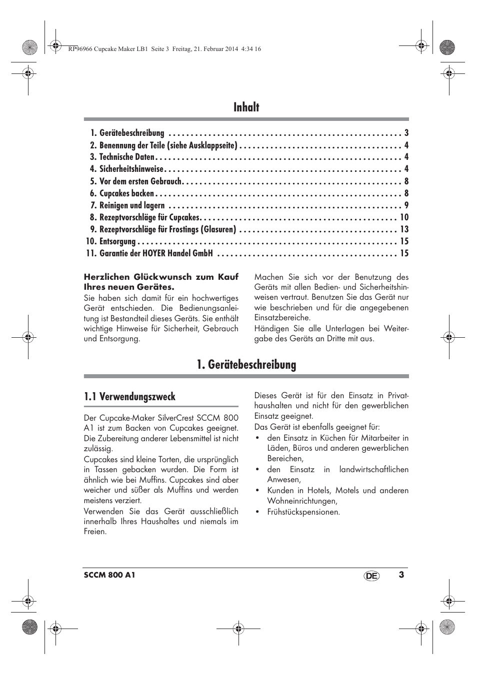 Inhalt, Gerätebeschreibung, 1 verwendungszweck | Silvercrest SCCM 800 A1 User Manual | Page 5 / 78