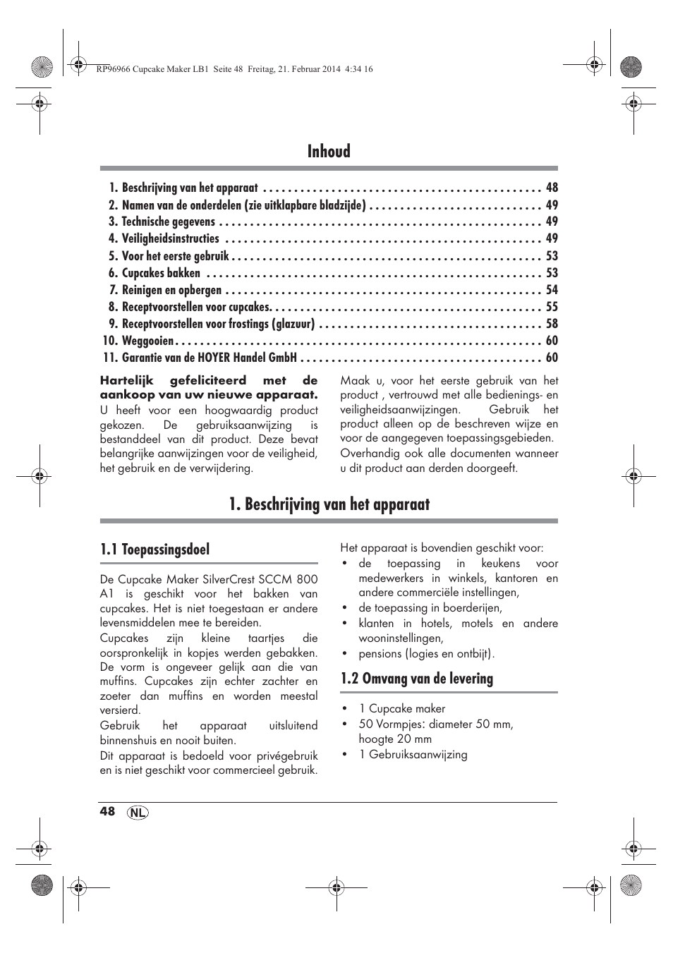 Inhoud, Beschrijving van het apparaat, 1 toepassingsdoel | 2 omvang van de levering | Silvercrest SCCM 800 A1 User Manual | Page 50 / 78