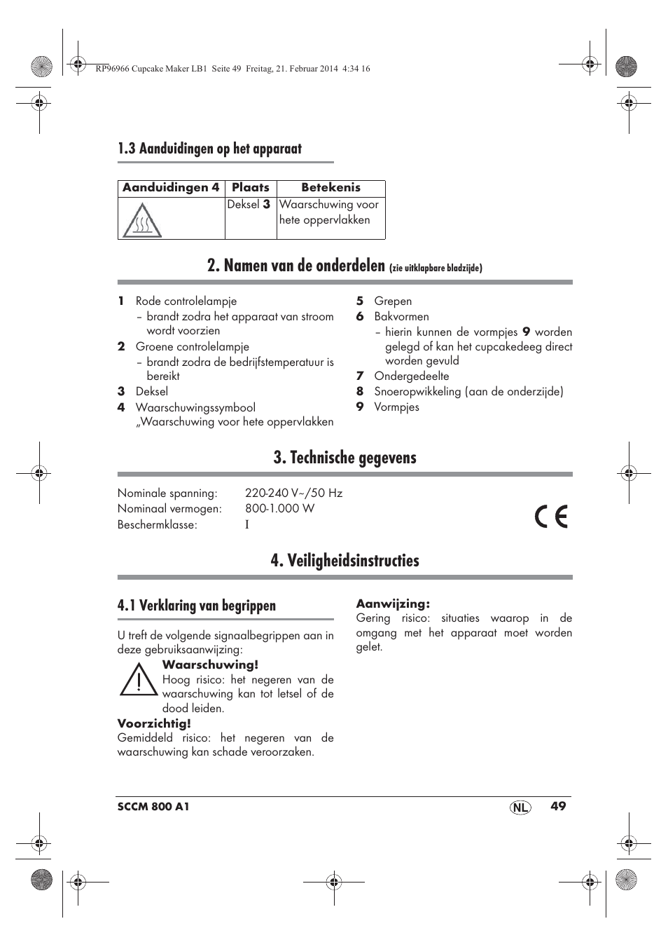 Namen van de onderdelen, Technische gegevens, Veiligheidsinstructies | 3 aanduidingen op het apparaat, 1 verklaring van begrippen | Silvercrest SCCM 800 A1 User Manual | Page 51 / 78