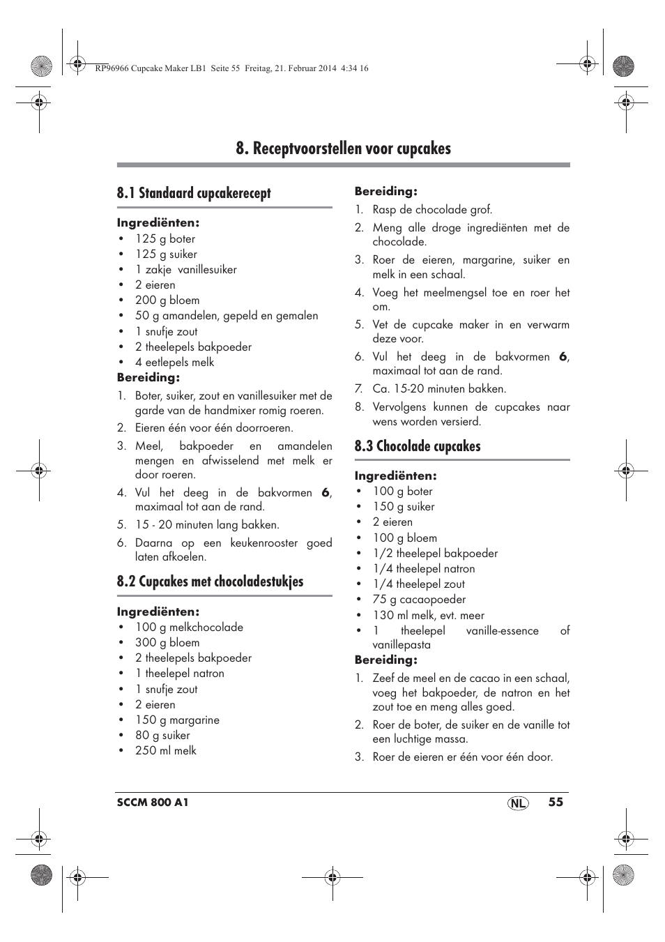 Receptvoorstellen voor cupcakes, 1 standaard cupcakerecept, 2 cupcakes met chocoladestukjes | 3 chocolade cupcakes | Silvercrest SCCM 800 A1 User Manual | Page 57 / 78
