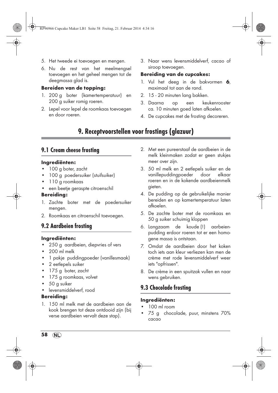 Receptvoorstellen voor frostings (glazuur), 1 cream cheese frosting, 2 aardbeien frosting | 3 chocolade frosting | Silvercrest SCCM 800 A1 User Manual | Page 60 / 78