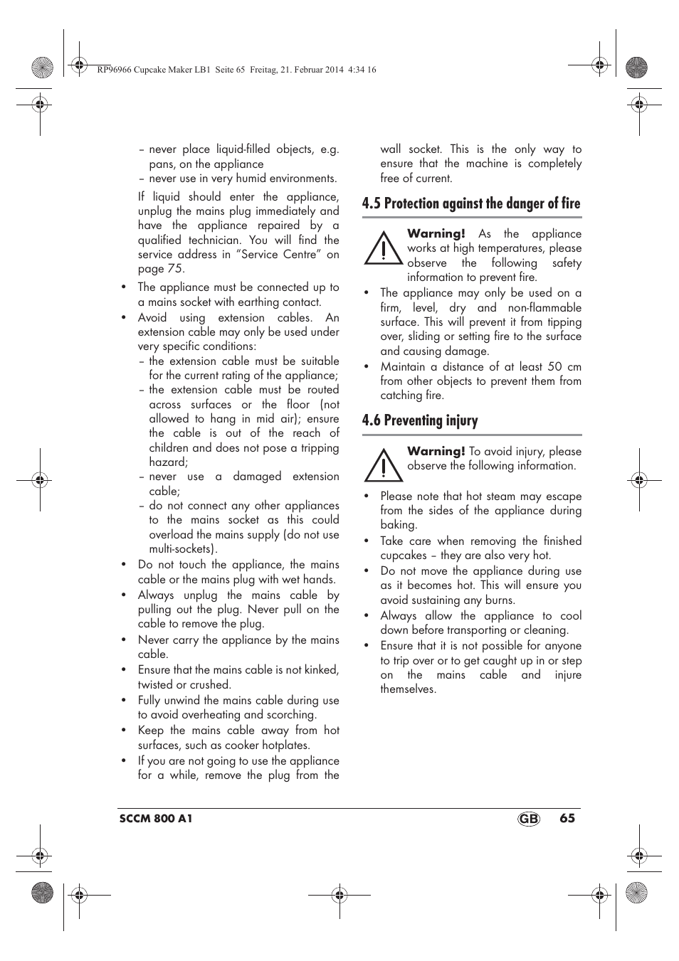 5 protection against the danger of fire, 6 preventing injury | Silvercrest SCCM 800 A1 User Manual | Page 67 / 78