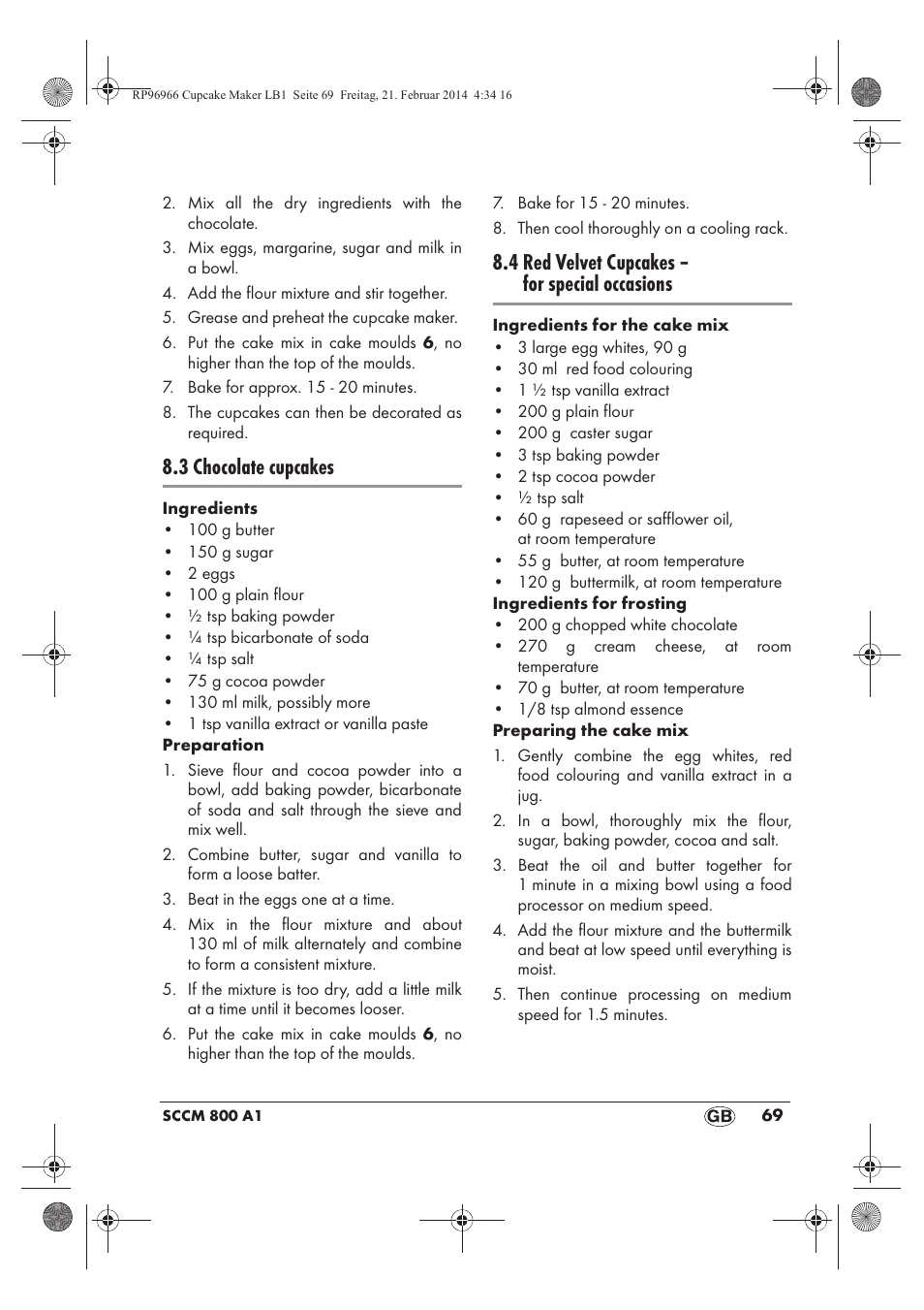 3 chocolate cupcakes, 4 red velvet cupcakes – for special occasions | Silvercrest SCCM 800 A1 User Manual | Page 71 / 78