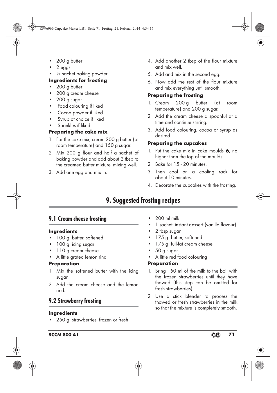 Suggested frosting recipes, 1 cream cheese frosting, 2 strawberry frosting | Silvercrest SCCM 800 A1 User Manual | Page 73 / 78