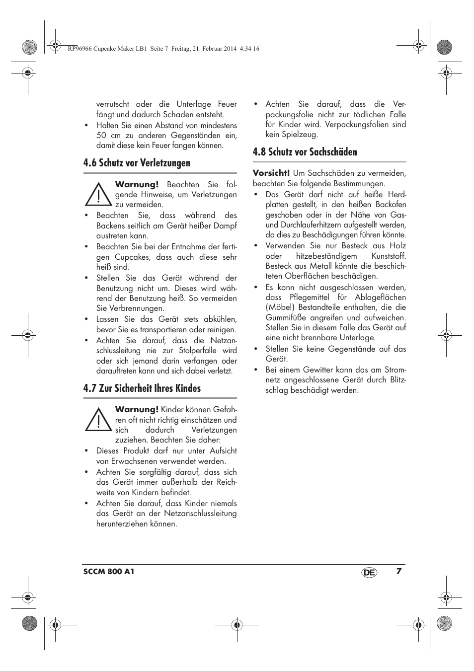 6 schutz vor verletzungen, 7 zur sicherheit ihres kindes, 8 schutz vor sachschäden | Silvercrest SCCM 800 A1 User Manual | Page 9 / 78