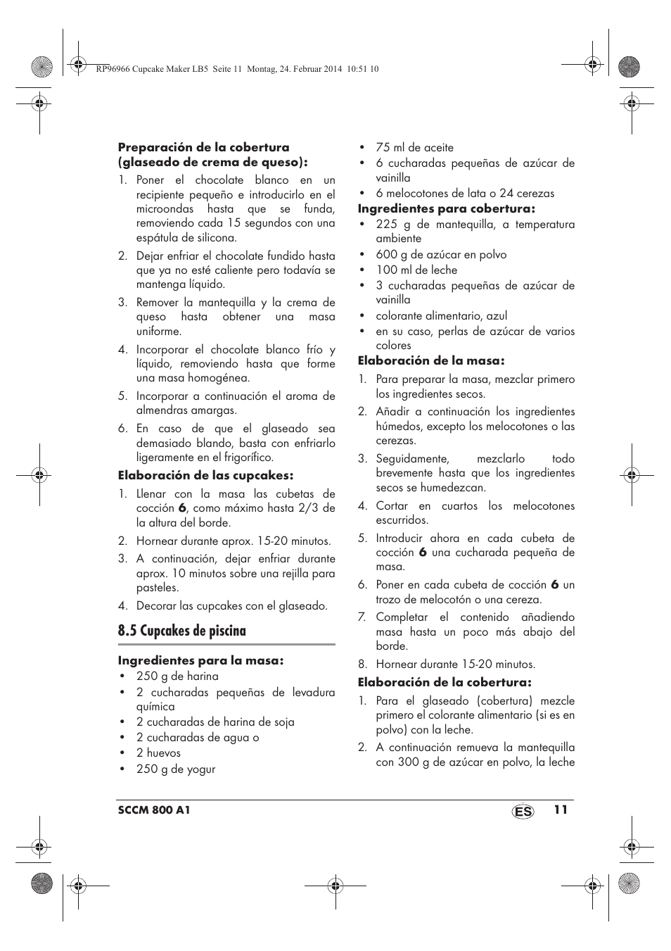5 cupcakes de piscina | Silvercrest SCCM 800 A1 User Manual | Page 13 / 78
