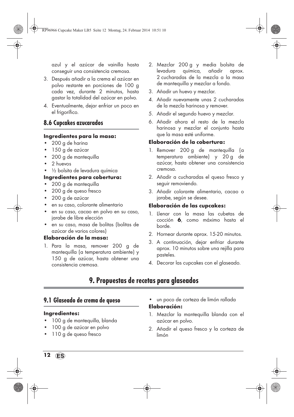 Propuestas de recetas para glaseados, 6 cupcakes azucarados, 1 glaseado de crema de queso | Silvercrest SCCM 800 A1 User Manual | Page 14 / 78