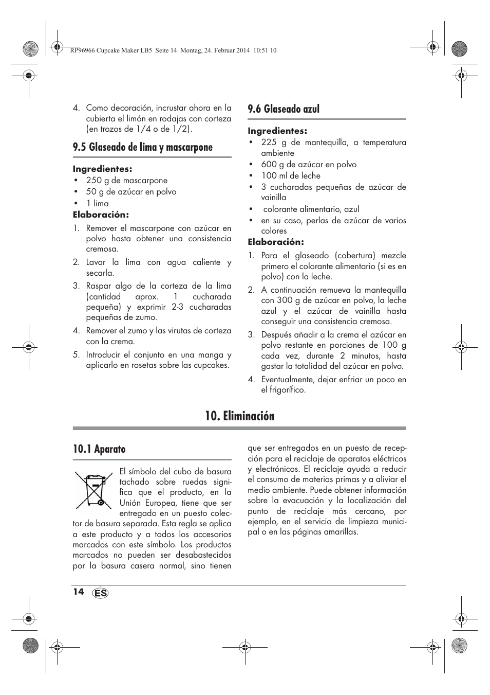 Eliminación, 5 glaseado de lima y mascarpone, 6 glaseado azul | 1 aparato | Silvercrest SCCM 800 A1 User Manual | Page 16 / 78
