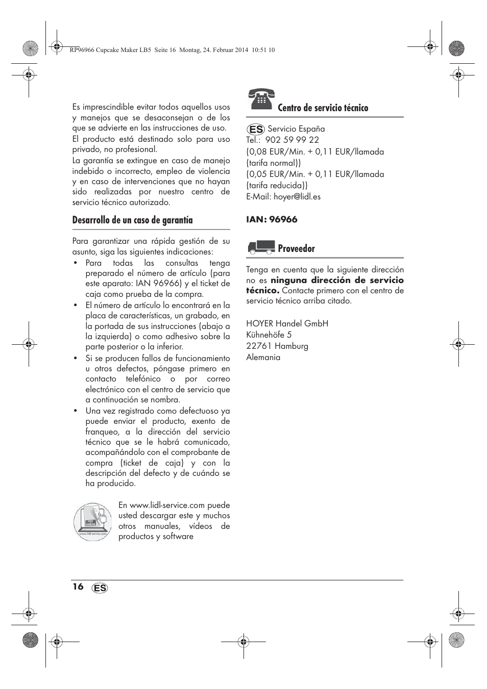 Desarrollo de un caso de garantía, Centro de servicio técnico, Proveedor | Silvercrest SCCM 800 A1 User Manual | Page 18 / 78