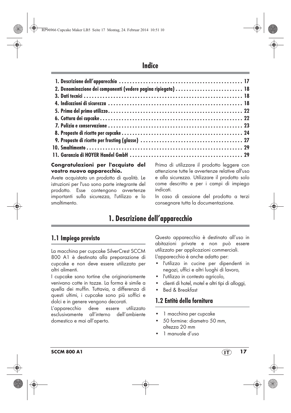 Indice, Descrizione dell’apparecchio, 1 impiego previsto | 2 entità della fornitura | Silvercrest SCCM 800 A1 User Manual | Page 19 / 78