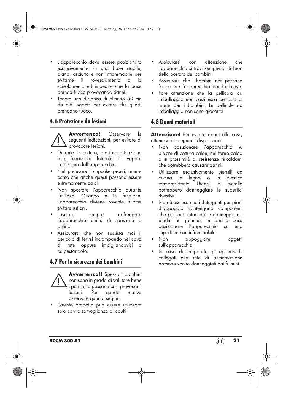 6 protezione da lesioni, 7 per la sicurezza dei bambini, 8 danni materiali | Silvercrest SCCM 800 A1 User Manual | Page 23 / 78