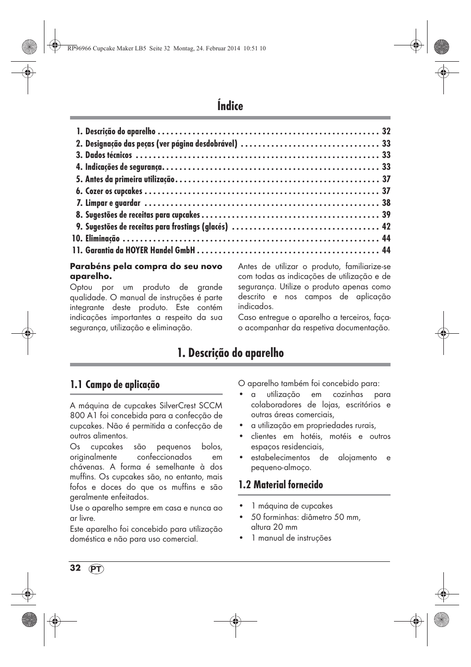 Índice, Descrição do aparelho, 1 campo de aplicação | 2 material fornecido | Silvercrest SCCM 800 A1 User Manual | Page 34 / 78