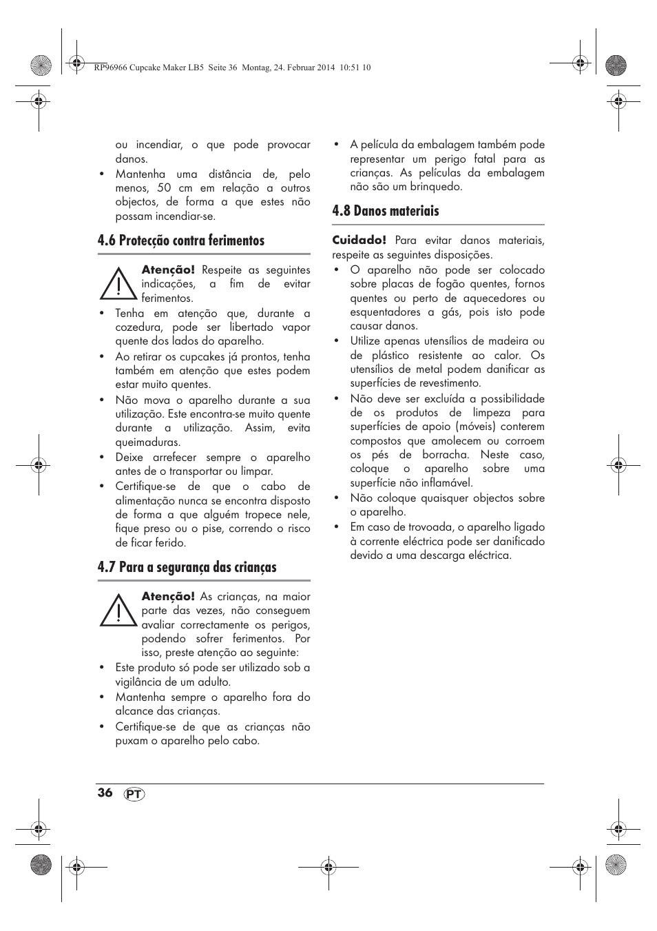6 protecção contra ferimentos, 7 para a segurança das crianças, 8 danos materiais | Silvercrest SCCM 800 A1 User Manual | Page 38 / 78