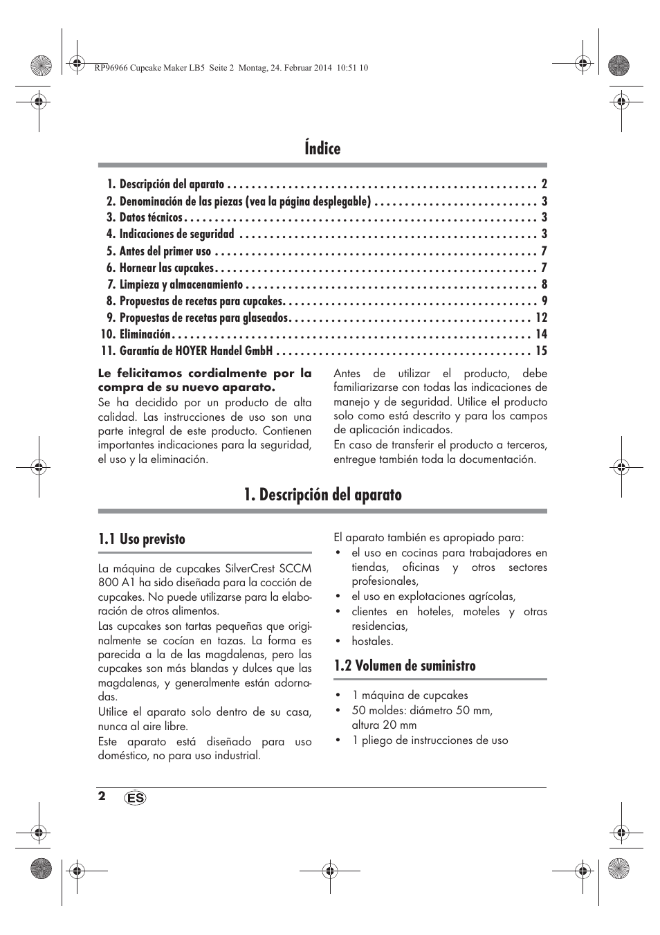 Índice, Descripción del aparato, 1 uso previsto | 2 volumen de suministro | Silvercrest SCCM 800 A1 User Manual | Page 4 / 78