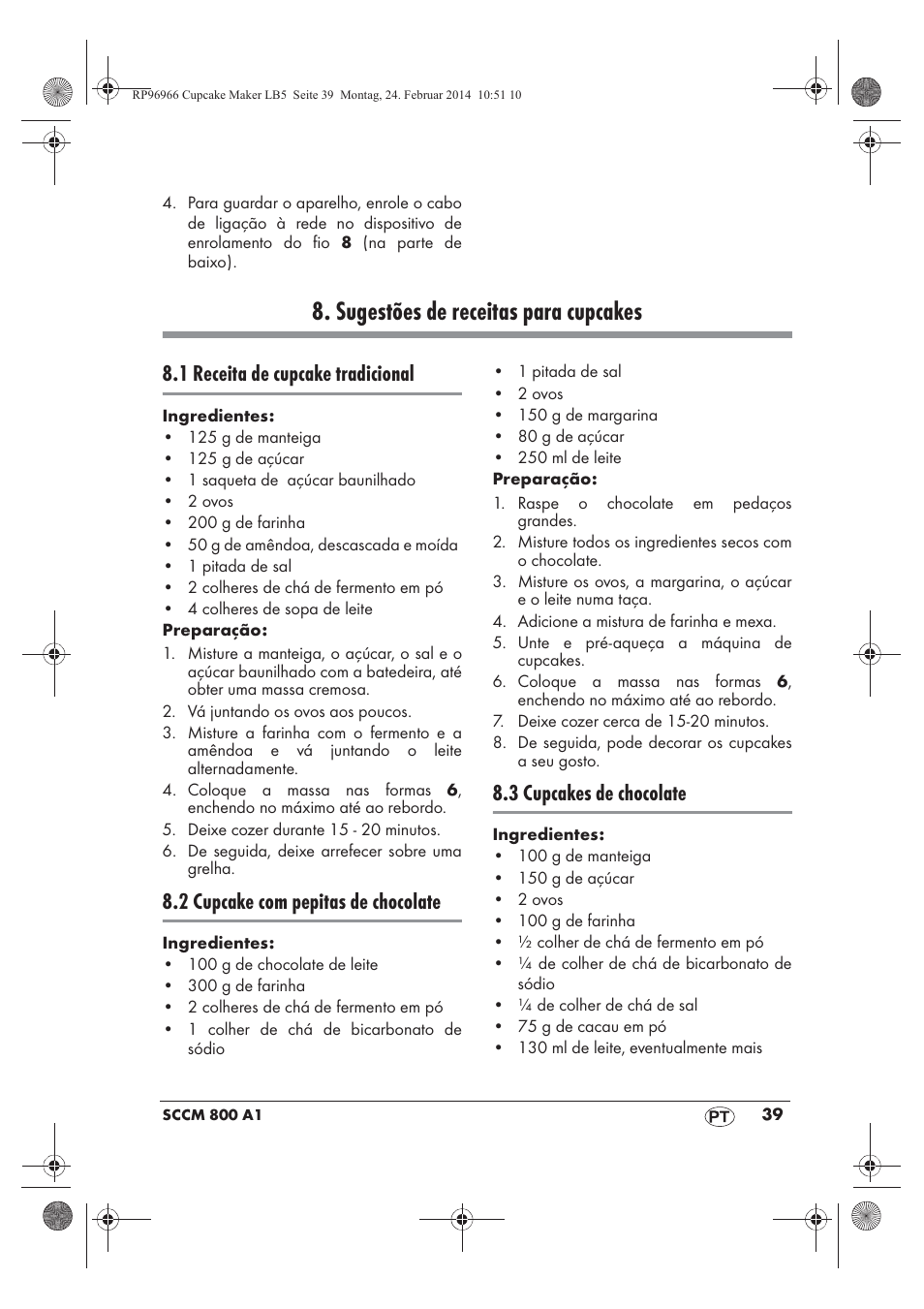 Sugestões de receitas para cupcakes, 1 receita de cupcake tradicional, 2 cupcake com pepitas de chocolate | 3 cupcakes de chocolate | Silvercrest SCCM 800 A1 User Manual | Page 41 / 78