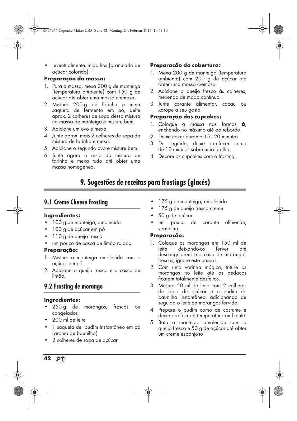 Sugestões de receitas para frostings (glacés), 1 creme cheese frosting, 2 frosting de morango | Silvercrest SCCM 800 A1 User Manual | Page 44 / 78