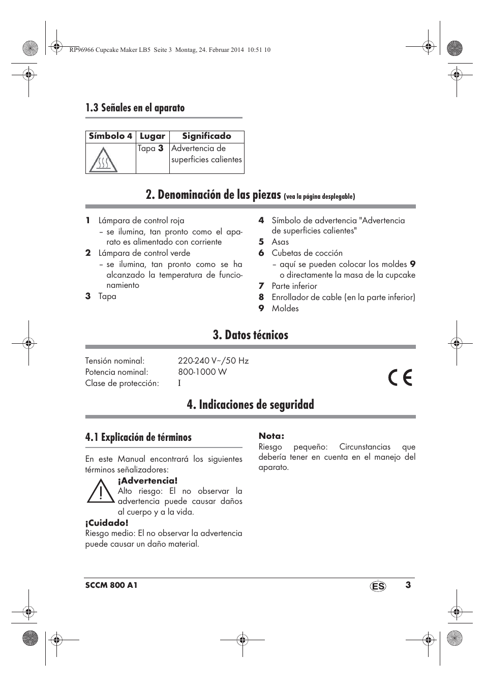 Denominación de las piezas, Datos técnicos, Indicaciones de seguridad | 3 señales en el aparato, 1 explicación de términos | Silvercrest SCCM 800 A1 User Manual | Page 5 / 78