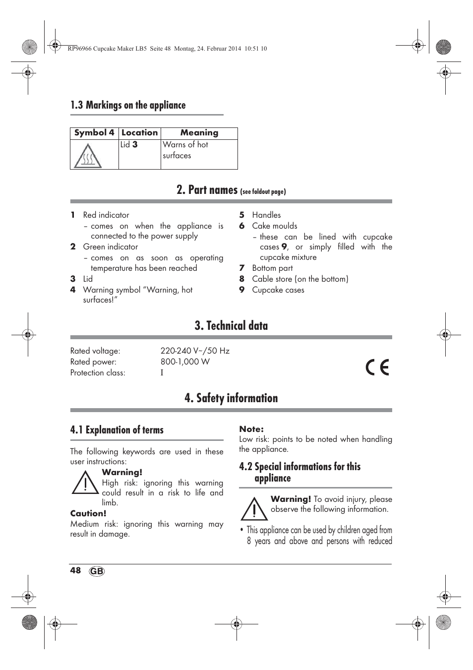 Part names, Technical data, Safety information | 3 markings on the appliance, 1 explanation of terms, 2 special informations for this appliance | Silvercrest SCCM 800 A1 User Manual | Page 50 / 78