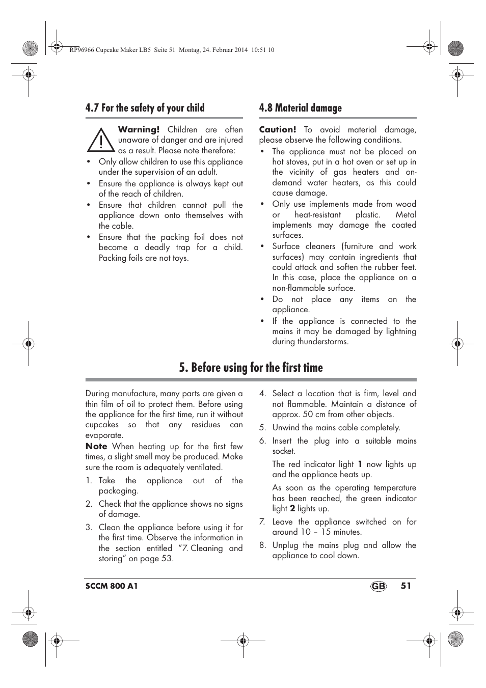 Before using for the first time, 7 for the safety of your child, 8 material damage | Silvercrest SCCM 800 A1 User Manual | Page 53 / 78