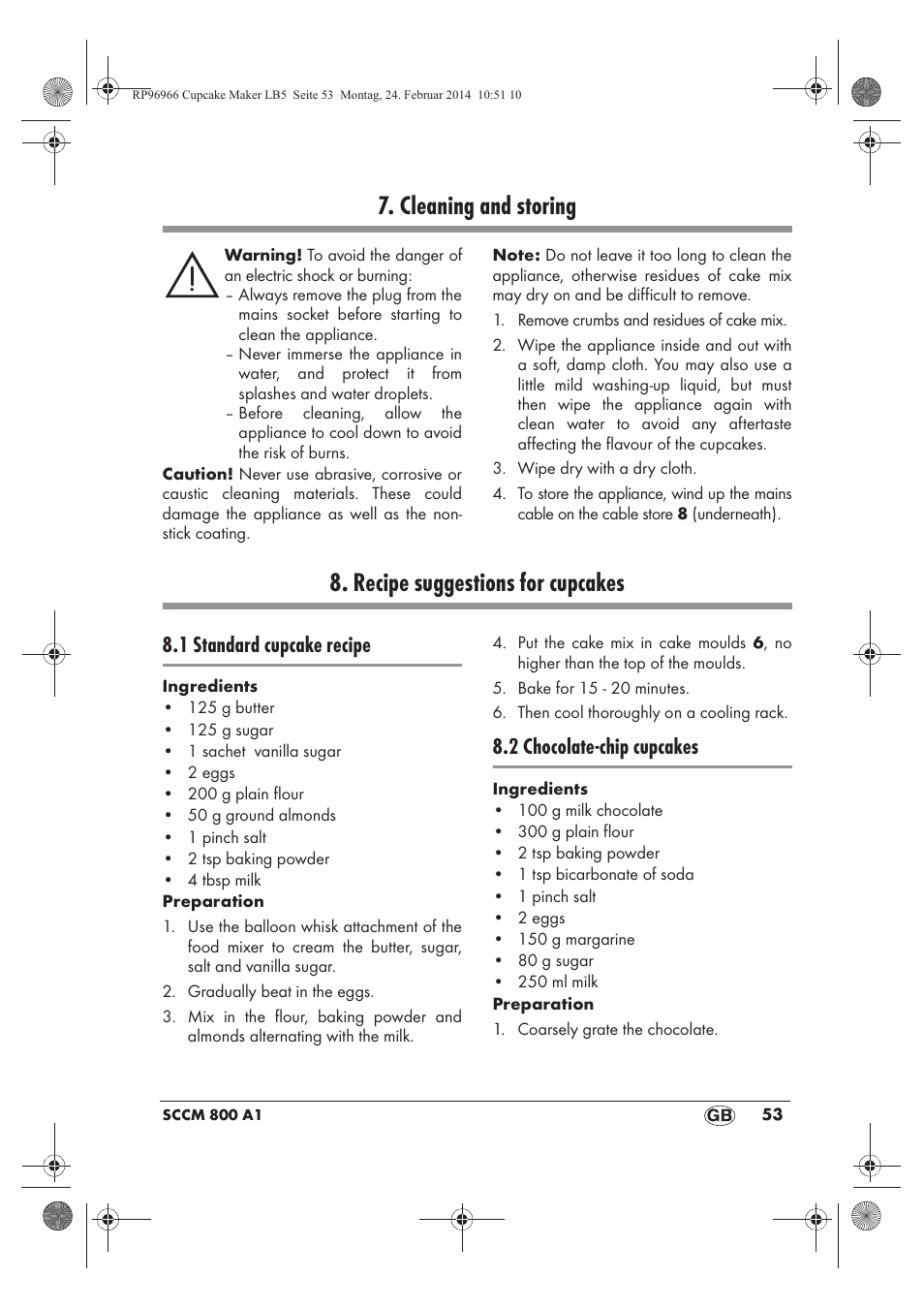 Cleaning and storing, Recipe suggestions for cupcakes, 1 standard cupcake recipe | 2 chocolate-chip cupcakes | Silvercrest SCCM 800 A1 User Manual | Page 55 / 78