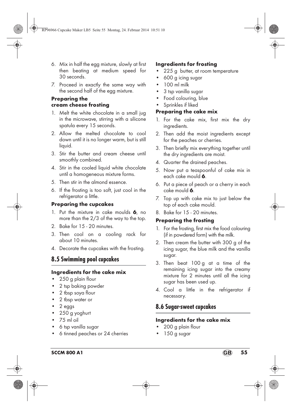 5 swimming pool cupcakes, 6 sugar-sweet cupcakes | Silvercrest SCCM 800 A1 User Manual | Page 57 / 78