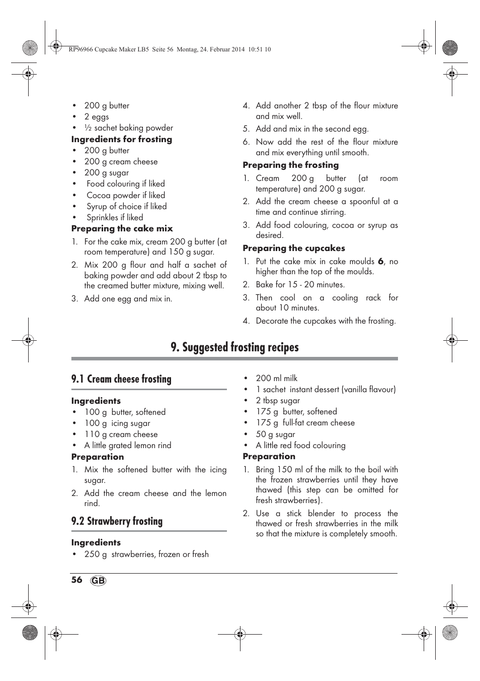 Suggested frosting recipes, 1 cream cheese frosting, 2 strawberry frosting | Silvercrest SCCM 800 A1 User Manual | Page 58 / 78