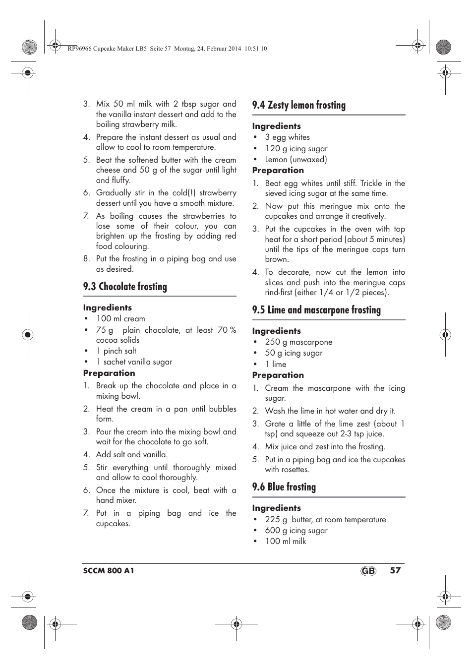 3 chocolate frosting, 4 zesty lemon frosting, 5 lime and mascarpone frosting | 6 blue frosting | Silvercrest SCCM 800 A1 User Manual | Page 59 / 78