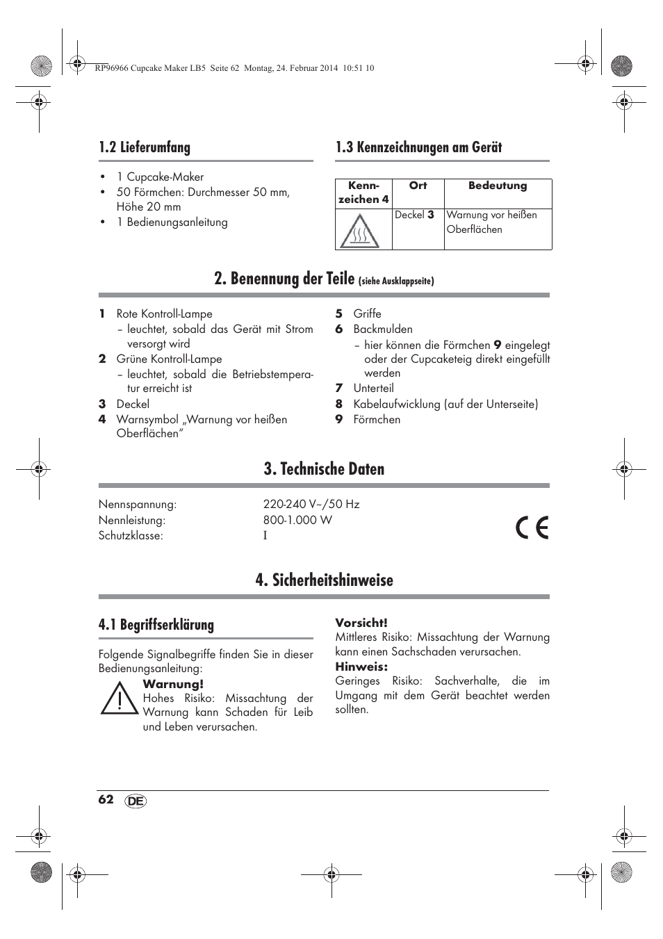 Benennung der teile, Technische daten, Sicherheitshinweise | 2 lieferumfang, 3 kennzeichnungen am gerät, 1 begriffserklärung | Silvercrest SCCM 800 A1 User Manual | Page 64 / 78
