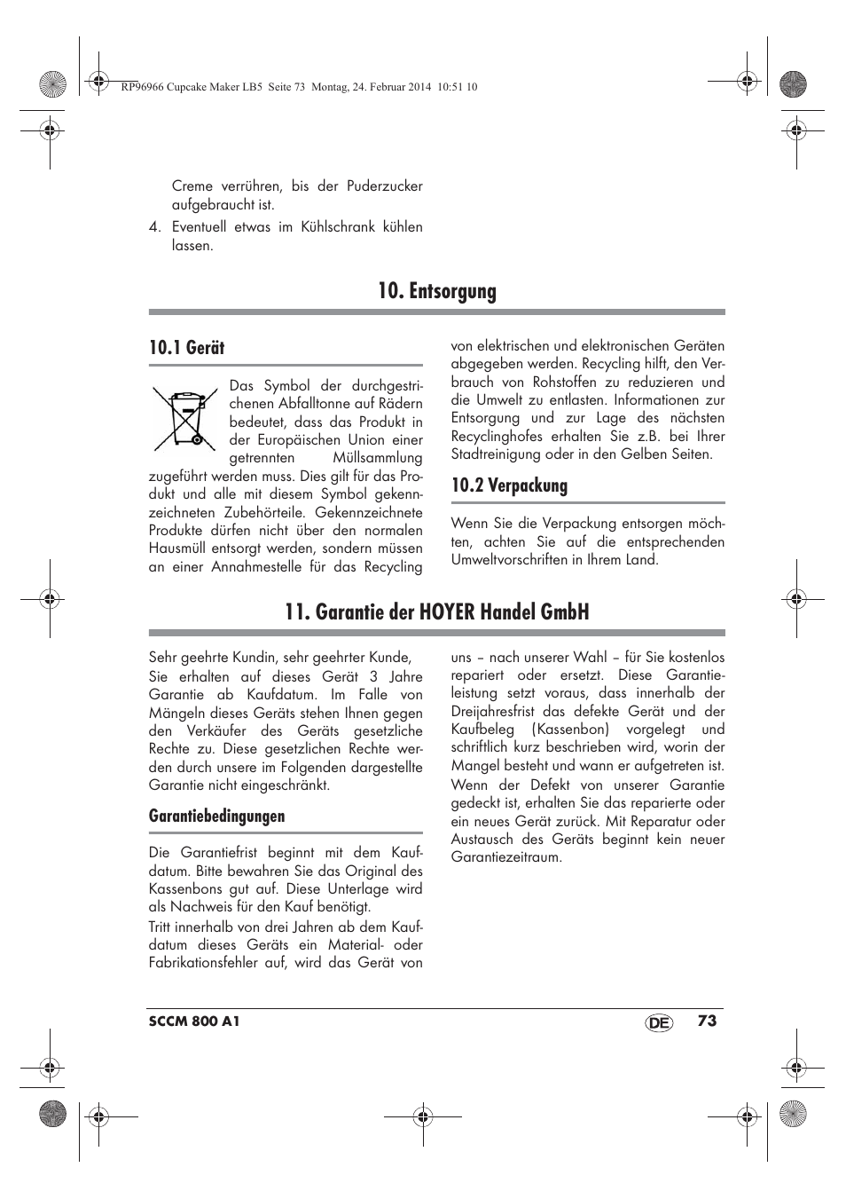 Entsorgung, Garantie der hoyer handel gmbh, 1 gerät | 2 verpackung | Silvercrest SCCM 800 A1 User Manual | Page 75 / 78