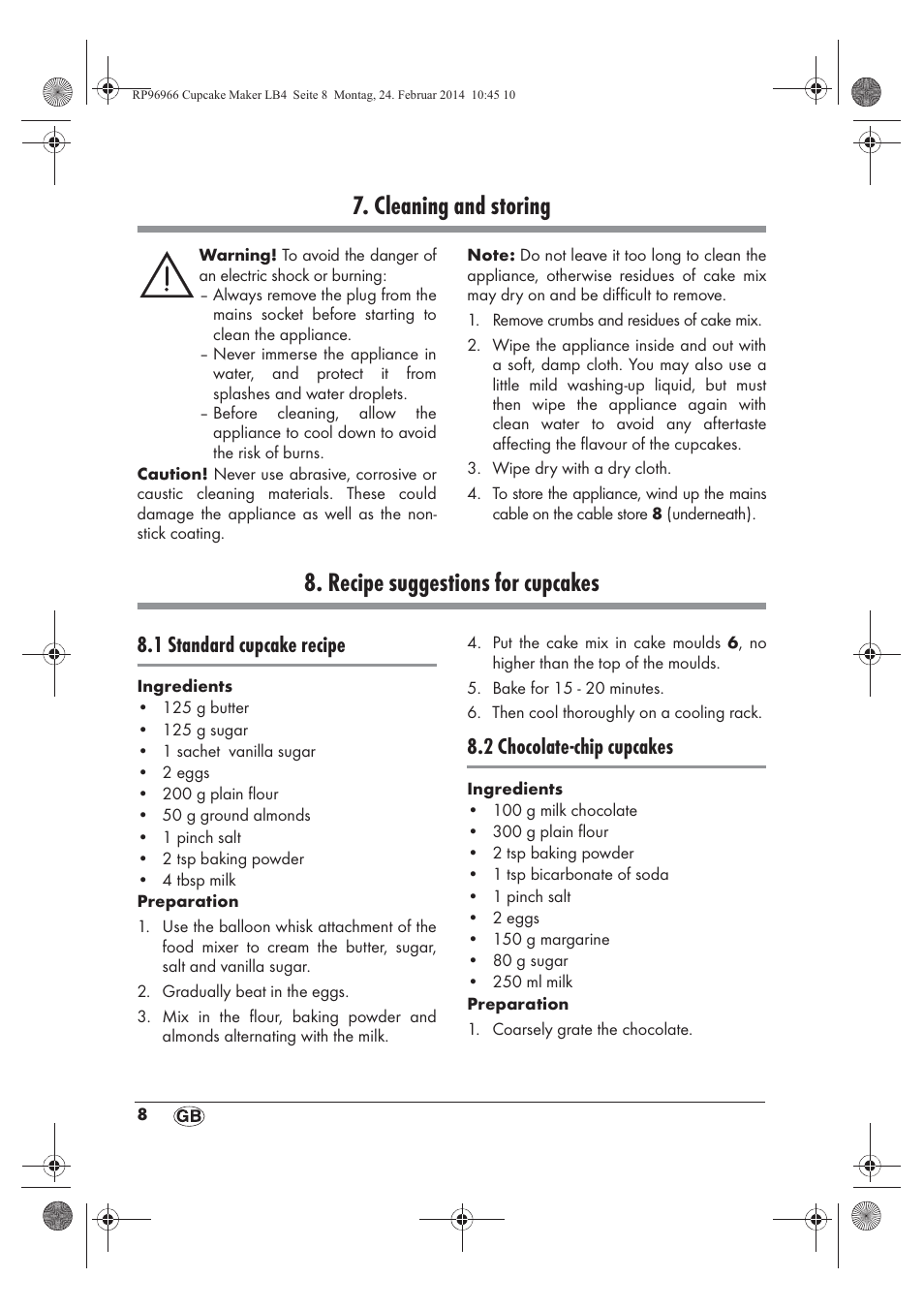 Cleaning and storing, Recipe suggestions for cupcakes, 1 standard cupcake recipe | 2 chocolate-chip cupcakes | Silvercrest SCCM 800 A1 User Manual | Page 10 / 102