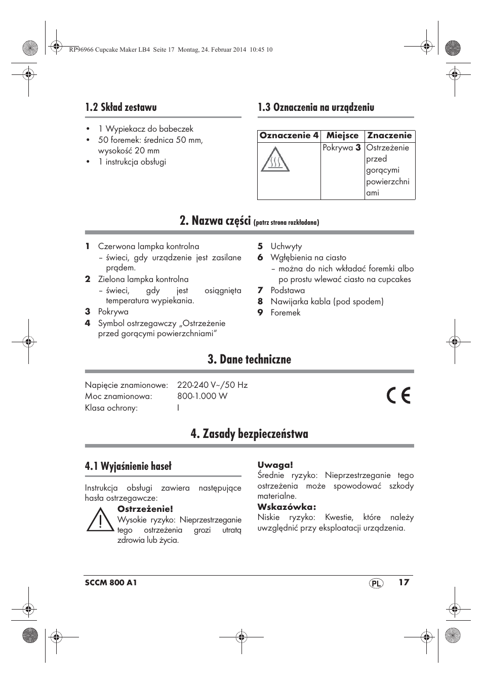 Nazwa części, Dane techniczne, Zasady bezpieczeństwa | 2 skład zestawu, 3 oznaczenia na urządzeniu, 1 wyjaśnienie haseł | Silvercrest SCCM 800 A1 User Manual | Page 19 / 102