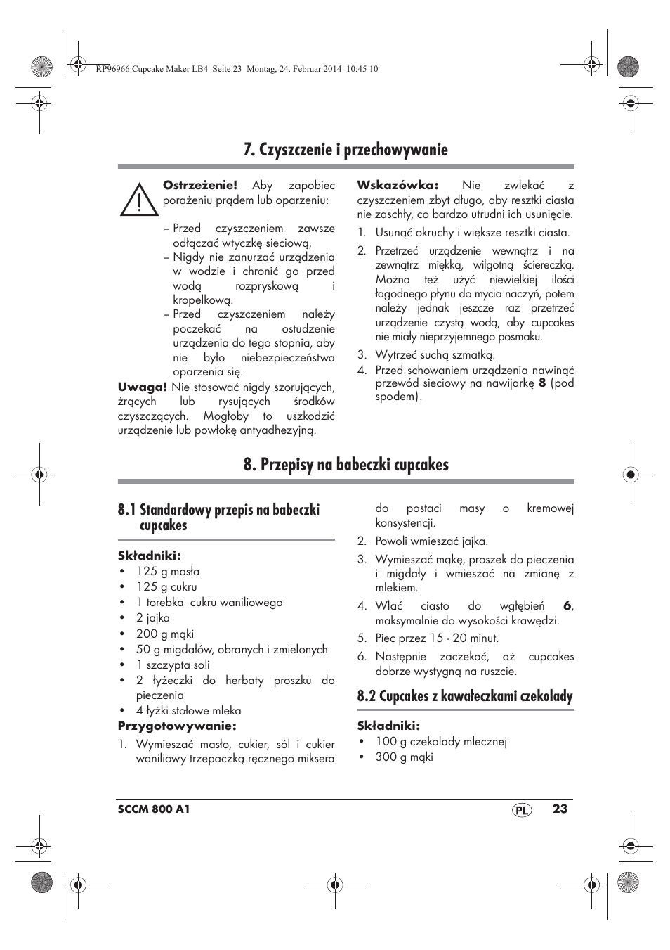 Czyszczenie i przechowywanie, Przepisy na babeczki cupcakes, 1 standardowy przepis na babeczki cupcakes | 2 cupcakes z kawałeczkami czekolady | Silvercrest SCCM 800 A1 User Manual | Page 25 / 102