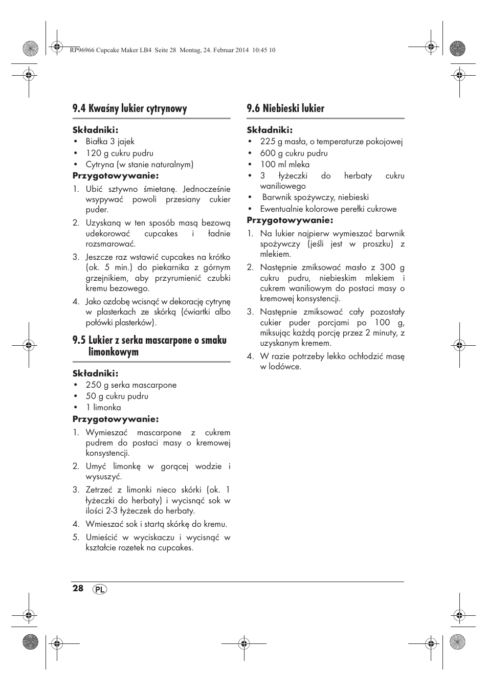 4 kwaśny lukier cytrynowy, 5 lukier z serka mascarpone o smaku limonkowym, 6 niebieski lukier | Silvercrest SCCM 800 A1 User Manual | Page 30 / 102