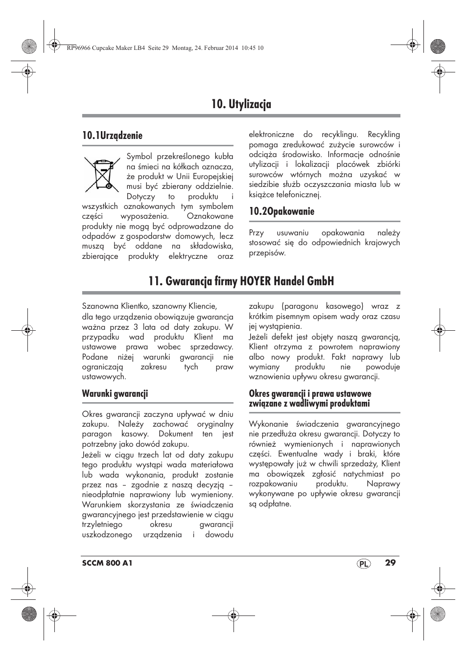 Utylizacja, Gwarancja firmy hoyer handel gmbh | Silvercrest SCCM 800 A1 User Manual | Page 31 / 102